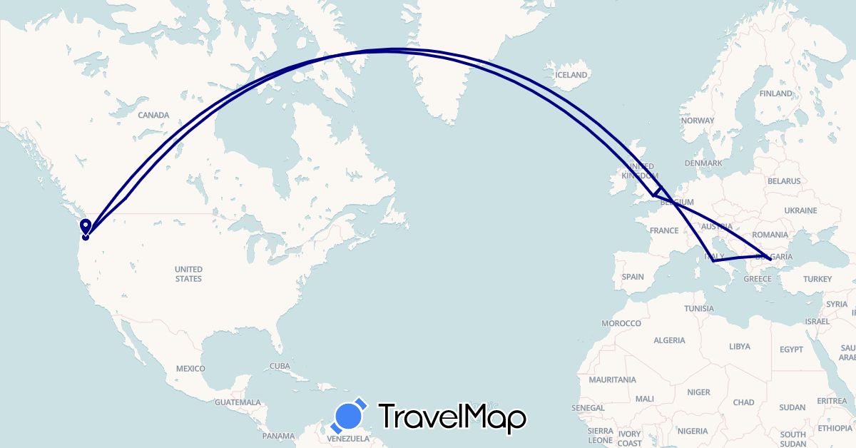 TravelMap itinerary: driving in Bulgaria, Canada, United Kingdom, Italy, United States (Europe, North America)